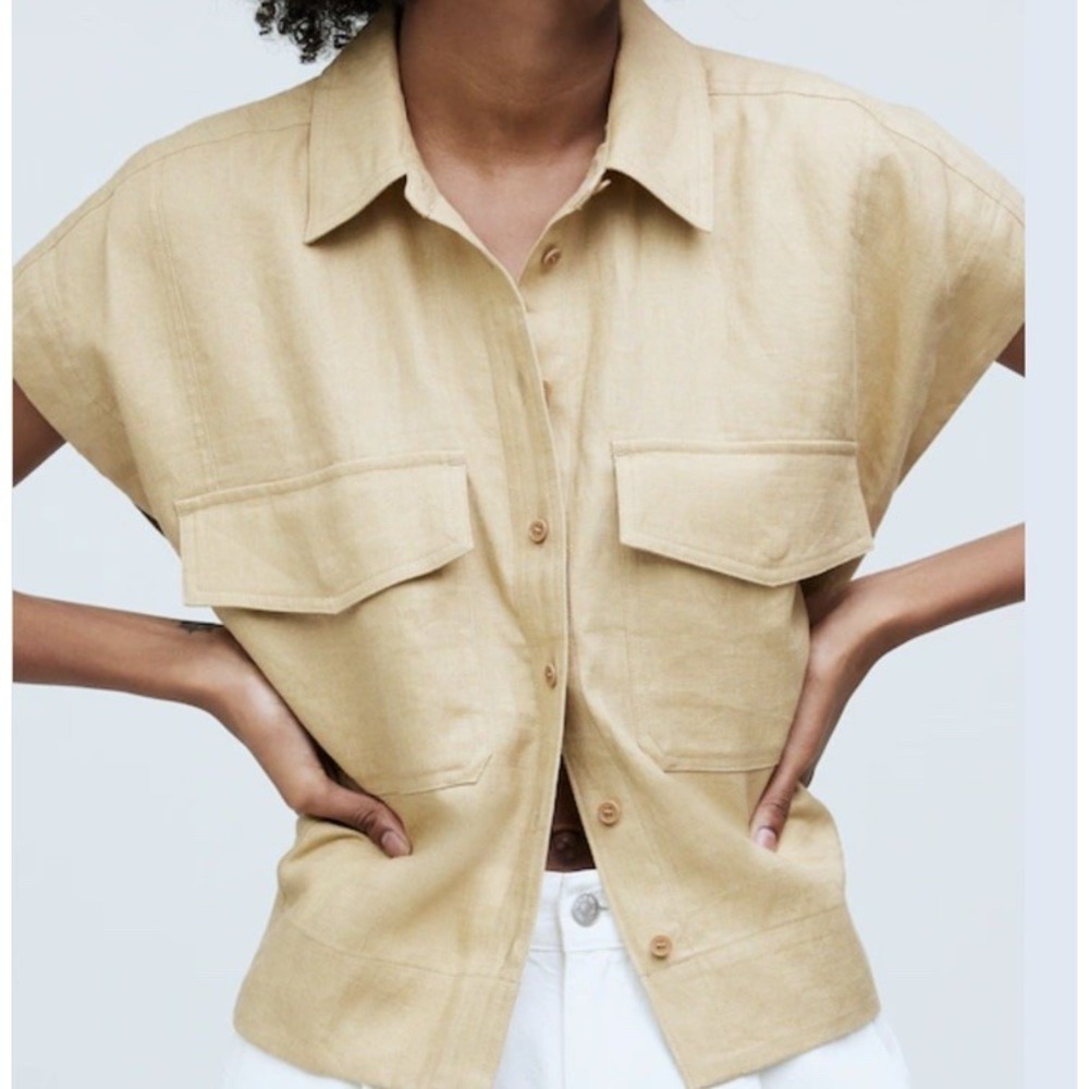 Madewell Flap-Pocket Button-Up Shirt 100% Linen Desert Dune Cropped Lagenlook M - Picture 2 of 7